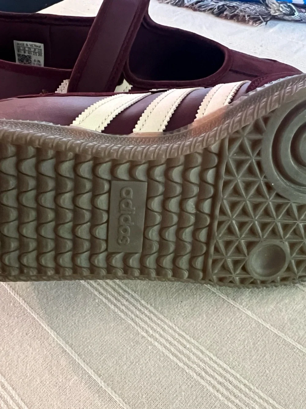 adidas Burgundy Mary Jane Sneakers with White Stripes - Picture 4 of 5